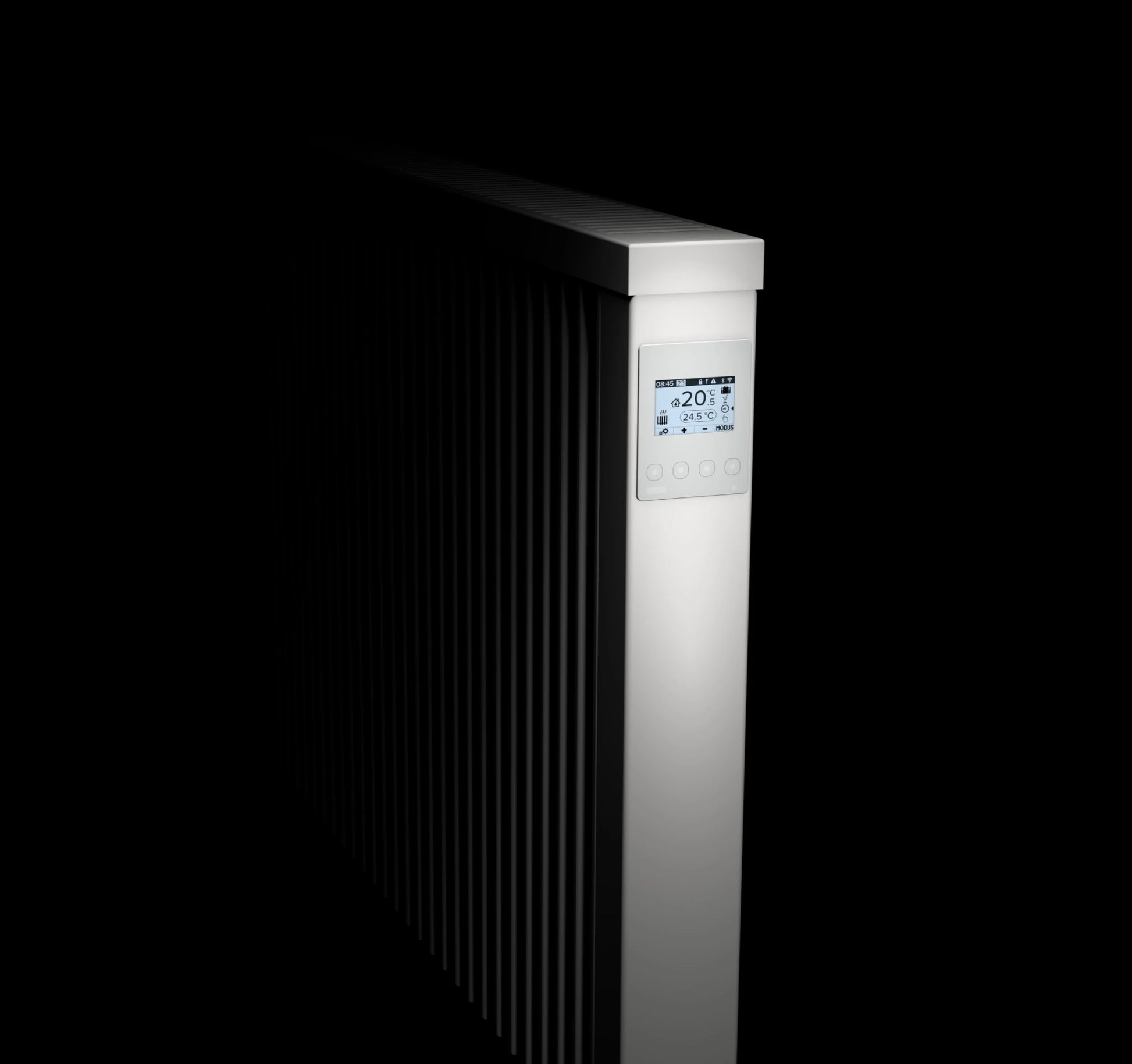 Minimalistisches Wohnzimmer mit weißem Radiaor
Energiesparende Elektroheizung in Mietwohnung 
Elektroheizung auf niedriger Stufe im Eco Modus
Designheizkörper mit abgerundeten Kanten
Hausflur mit schmalem Heizpanel neben Tür
Wohnzimmer Szene mit Katze vor Elektroheizung 
Montagezubehör und Schrauben für Wandheizung 
Größenvergleich Slim und Compact Elektroheizungen